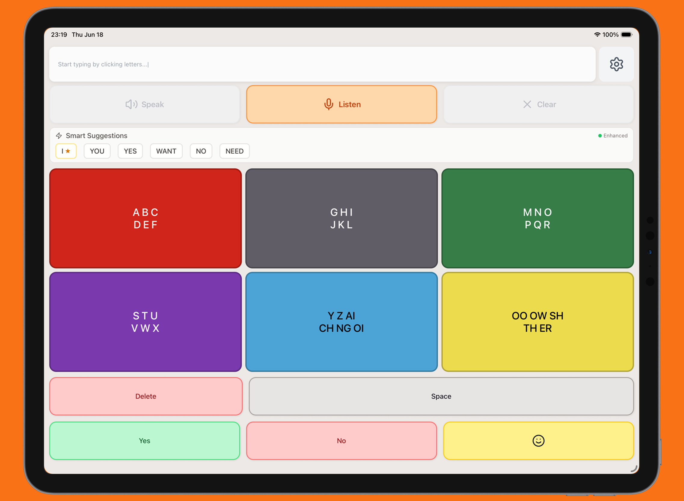 ComBoard AAC app on an iPad — colorful letter-group keyboard with Speak, Listen, and Clear buttons, smart suggestions, and Yes/No quick responses on an orange background